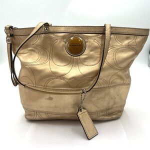 Coach H1110-F18877 Gold Metallic Leather Signature Stripe Tote